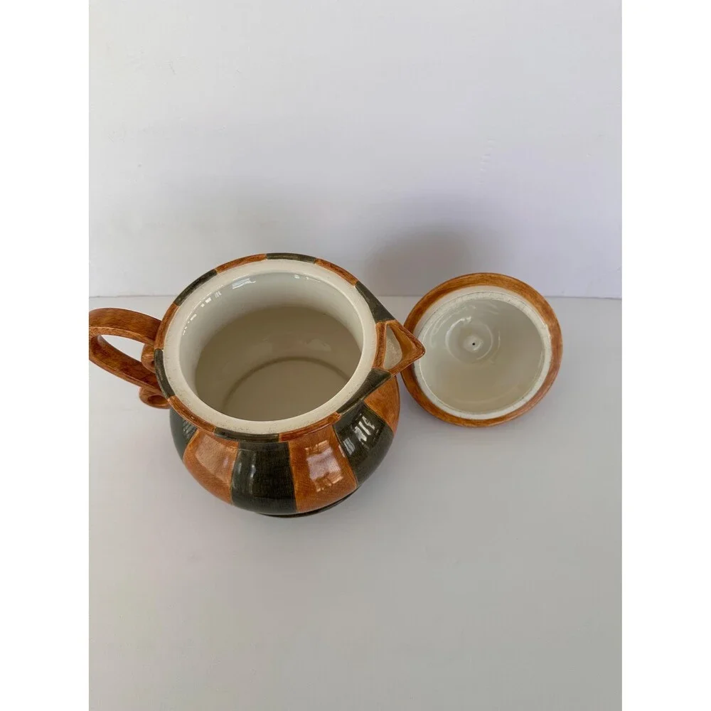 2002 Demdaco Teapot by Artist Deb Hrabik-Camel/Green Stripes 9 x 9 3/4 x 7 1/4